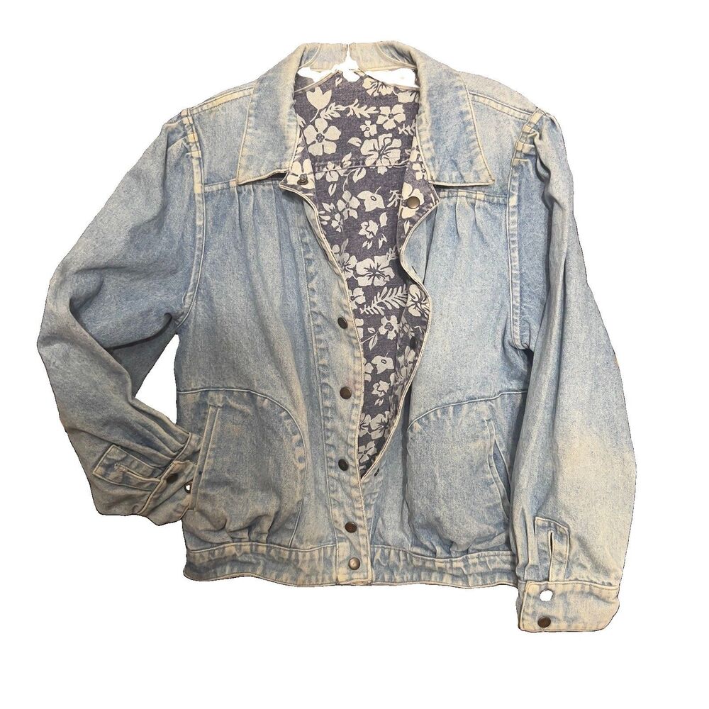 Vintage 80s- Pleated Puffed Reversible Floral/ Light Wash Denim Jacket - Women M